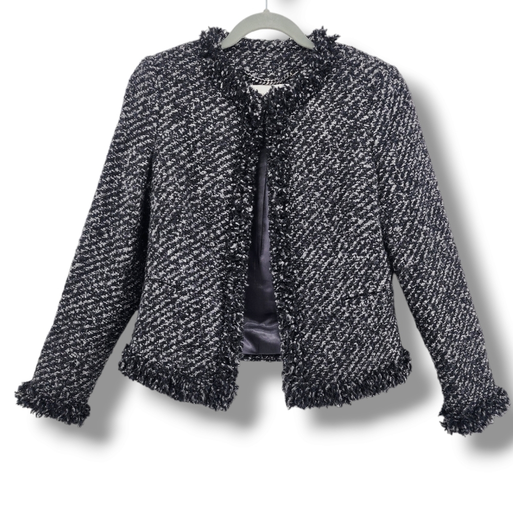 L.K. Bennett JK Till Black Cream Tweed Jacket Blazer‎ With Fringe US 6